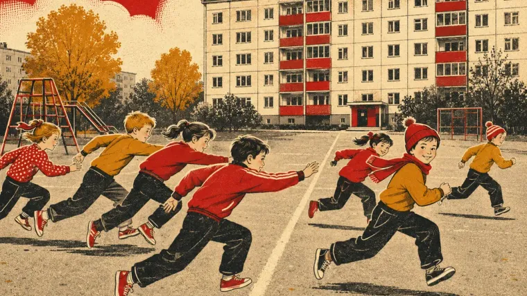 Две команды у центральной линии, одна догоняет, другая убегает