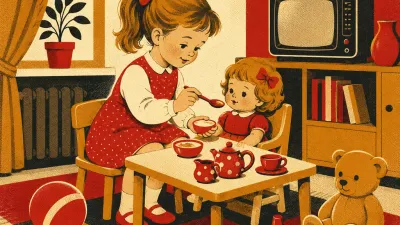Девочка «кормит» куклу за игрушечным столиком, рядом чайный сервиз