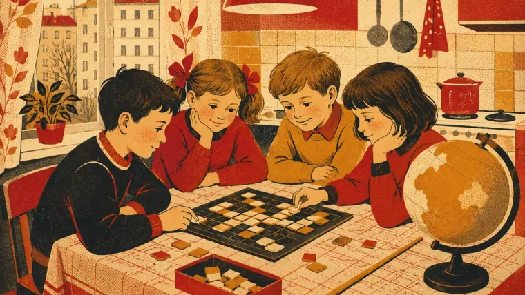 Дети за кухонным столом играют в слова, рядом глобус и указка