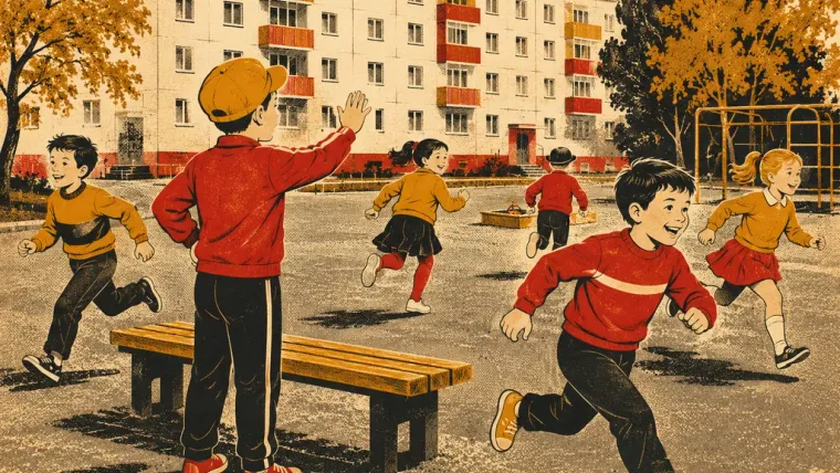 Водящий-«монах» у скамейки выбирает цвет, дети-«краски» разбегаются