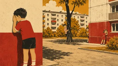 Водящий считает у стены, остальные прячутся за деревом и домом