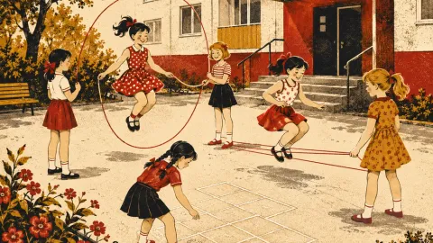 Летний коллаж дворовых игр: скакалка, резиночка, классики