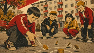 Ребёнок бросает монету на стопку монет на тротуаре