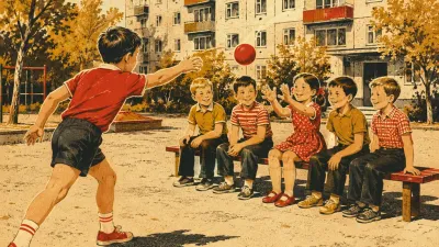 Ребёнок бросает мяч сидящим на скамейке детям