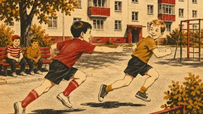 Ребёнок на бегу салит другого во дворе
