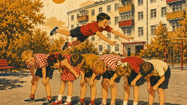 Цепочка согнувшихся детей-«слон», один прыгает им на спины