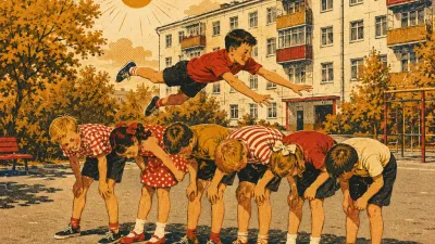 Цепочка согнувшихся детей-«слон», один прыгает им на спины