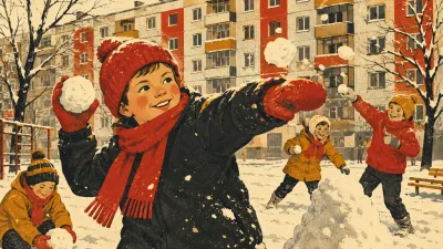 Дети лепят и кидают снежки в зимнем дворе