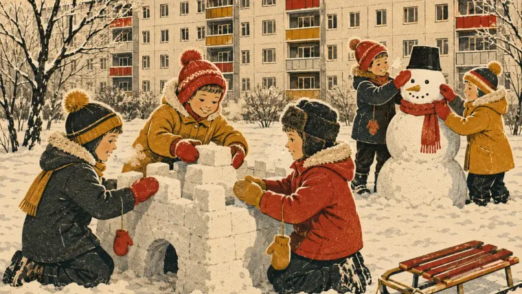 Заснеженный двор: дети строят крепость и снеговика, рядом санки